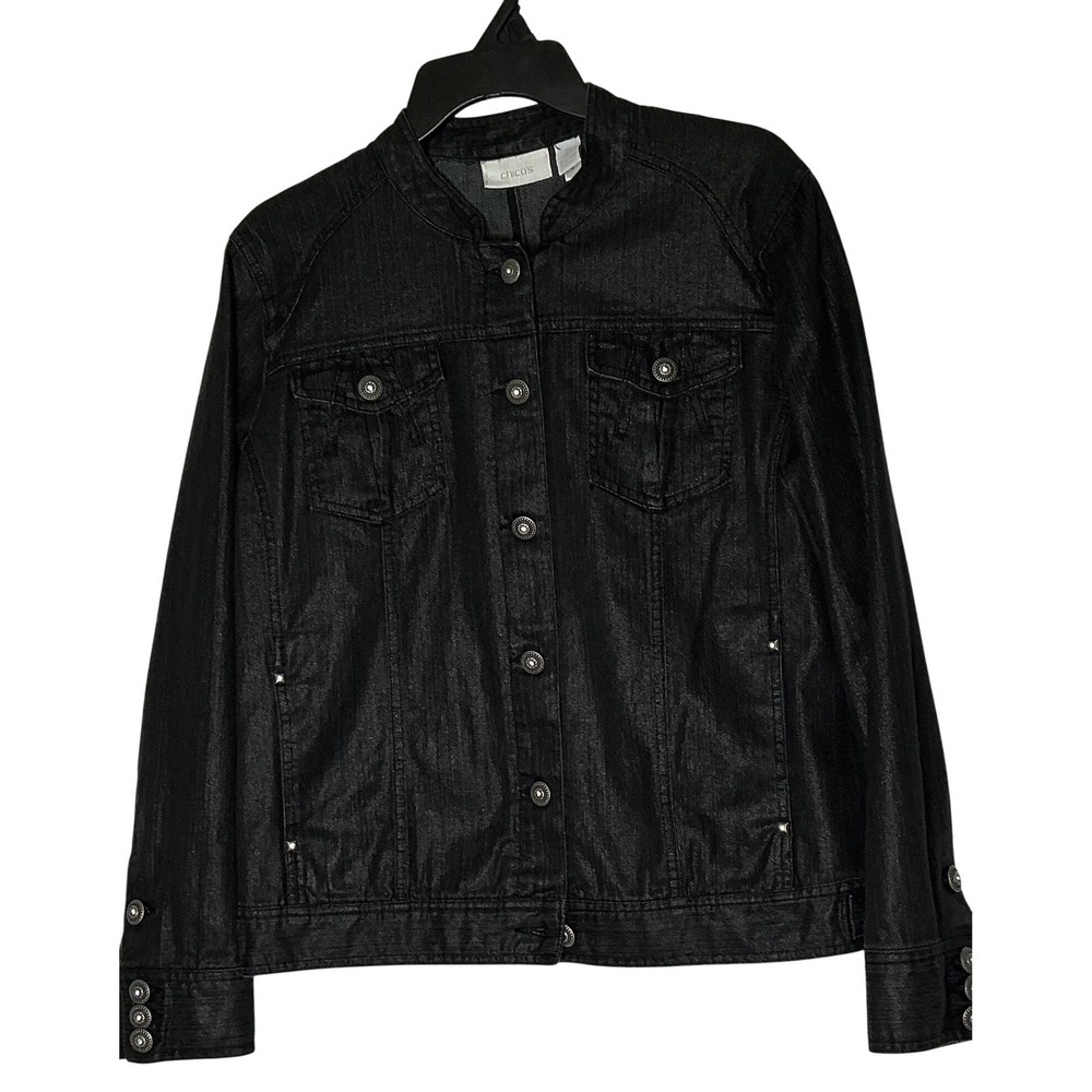 Chicos Black Shimmer Denim Jacket Womens Size 2‎ Large Collarless Button Front